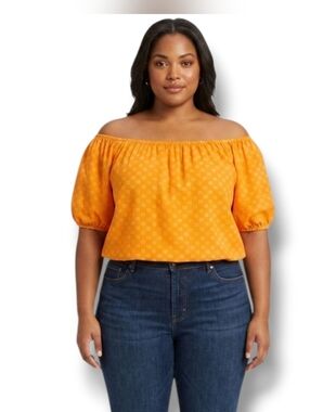 Ava & Viv Plus Size Orange Puff Sleeve Blouse Women’s X 14W Linen Rayon NWOT